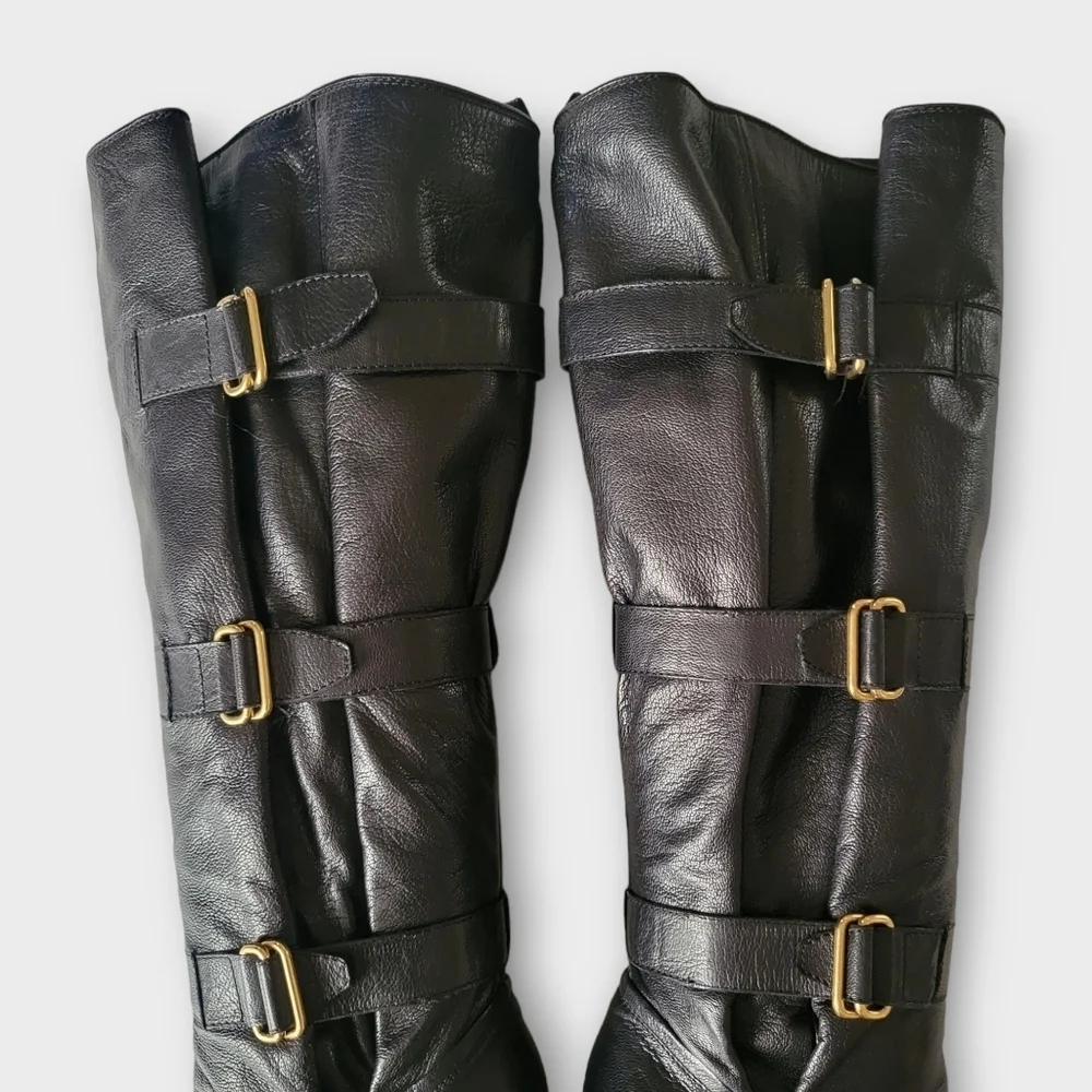 YSL Yves Saint Laurent Tall Black Leather Wedge Boots Vintage 90s Y2K - Picture 12 of 16